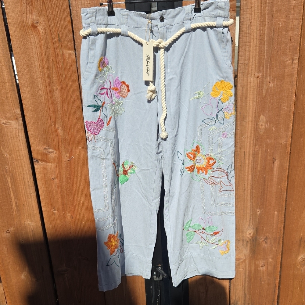 "Blue Velvet" Light Blue Denim Pants with Floral Embroidery and Rope Belt Sz XL